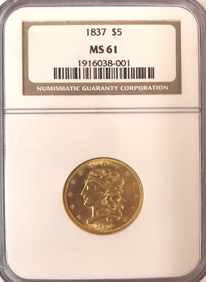 1837 $5.00 Gold Classic Head NGC MS61
