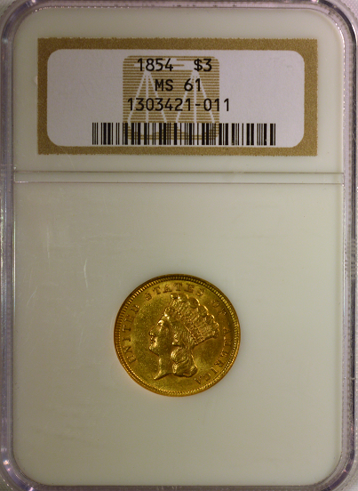 1854 $3.00 Indian Princess NGC MS 61 Three Dollar Gold