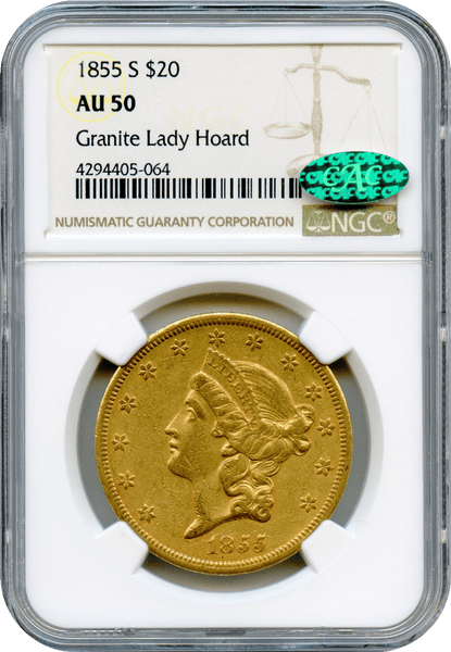 1855-S $20 Gold Liberty NGC AU50 "Granite Lady Hoard" CAC
