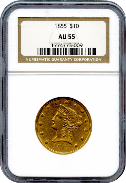 (74) 1855 $10 Gold Liberty NGC AU55