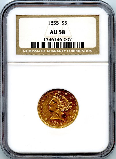 (70) 1855 $5.00 Gold Liberty NGC AU58