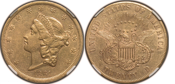 1861-S PAQUET REVERSE $20 Gold Liberty. NGC AU55