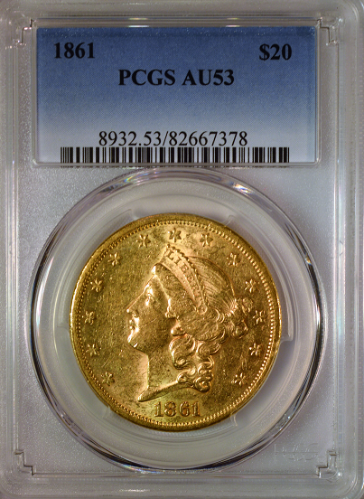 1861 $20 Gold Liberty PCGS AU53 Double Eagle