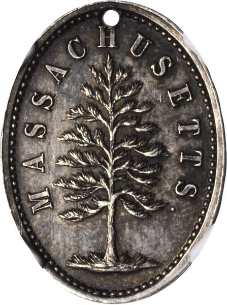1876 Massachusetts American Independence Centennial Medal.  Silver oval, Julian CM-38. NGC MS64