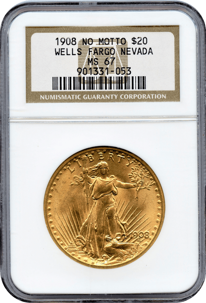 1908 No Motto $20 St.Gaudens "Nevada Gold/Wells Fargo Collection" NGC MS67