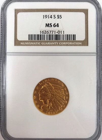 1914-S $5.00 Gold Indian NGC MS64. San Francisco. Half Eagle. PQ