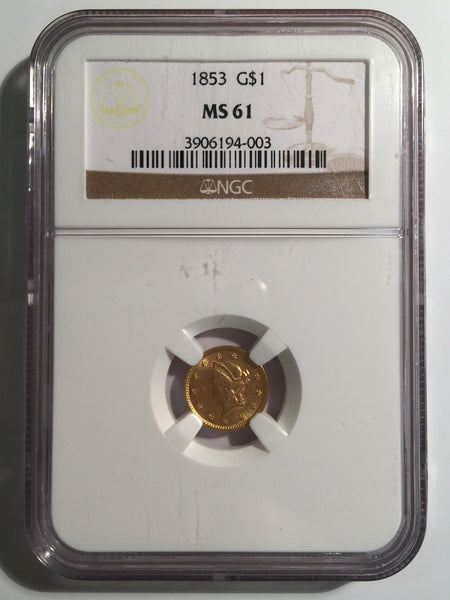 1853 Gold Liberty $1, Type 1 NGC MS 61