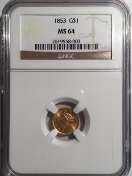 1853 Gold Liberty $1, Type 1 NGC MS 64