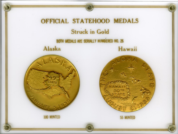1959 Alaska-Hawaii Official Statehood GOLD Medals.  Both, Serial #26   Each 64mm