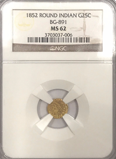 1852 Cal Gold 25c BG-891 Round Indian NGC MS62. "Brilliant"
