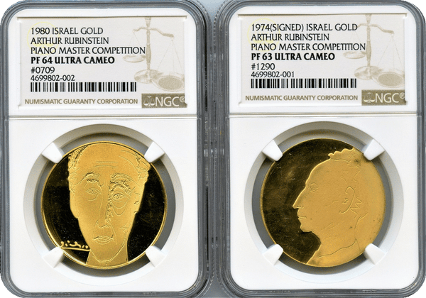 Israel. Arthur Rubinstein Piano Competition Gold Medals by Picasso 1974 NGC PF63 Ultra Cameo & 1980 NGC PF64 Ultra Cameo