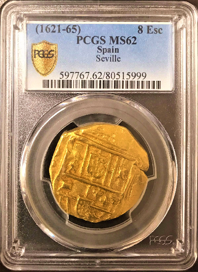 1621-65 "BRUTE STYLE-ATOCHA ERA" 8 ESCUDOS PCGS 62  GOLD  (32mm, Thicker than a Morgan Dollar)