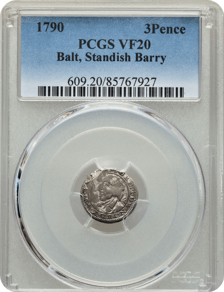1790 3PENCE Standish Barry Threepence PCGS VF20 Breen-1019, Rarity 6    Only 13 Coins Known Between PCGS & NGC