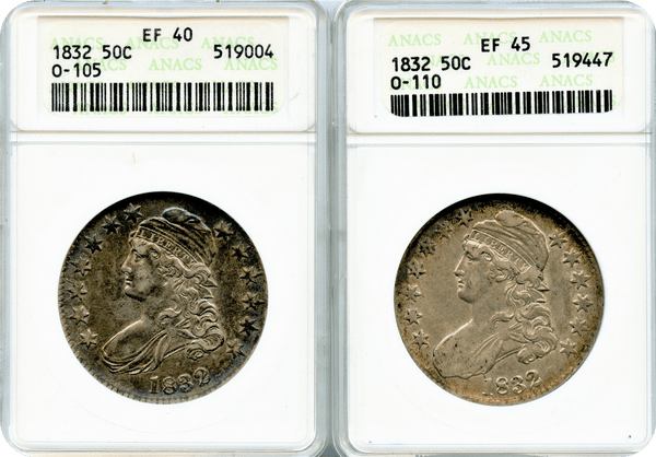 1832 50c Drapped Bust Small Letters SET. Anacs EF40 & EF45
