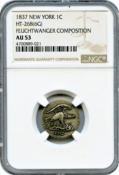 1837 New Rork 1 Cent HT-268 Feuchtwanger NGC AU53