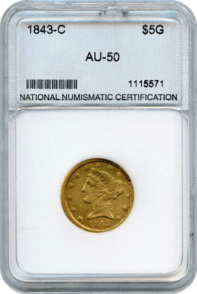1843-C $5 Gold Liberty NNC AU50