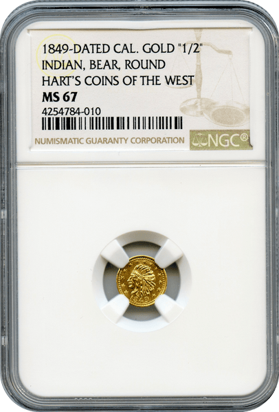1849 California Gold "1/2" Indian, Bear, Round. Hart;s Coins of the West NGC MS67