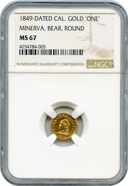 1849 Dated California Gold Minerva Bear Round "One" NGC MS67