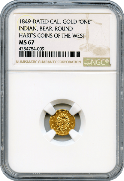 1849 California Gold "One" Indian, Bear, Round. Hart;s Coins of the West NGC MS67