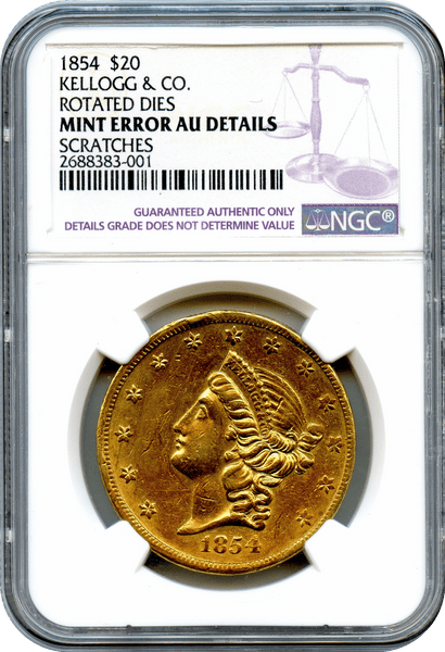 1854 $20 Kellogg & Co. Rotated Dies. Certified MINT ERROR AU Details