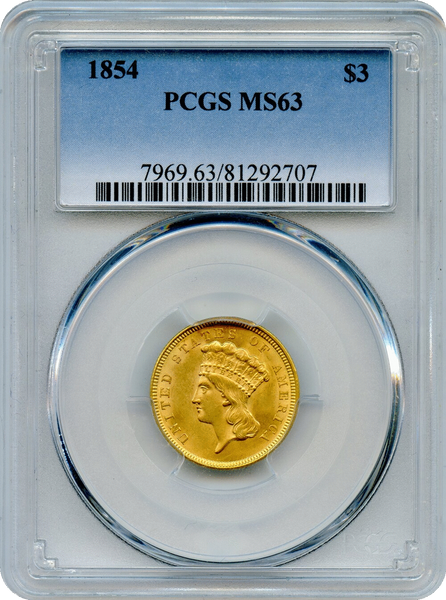 1854 Three-Dollar Gold Indian Princess $3.00 PCGS MS63