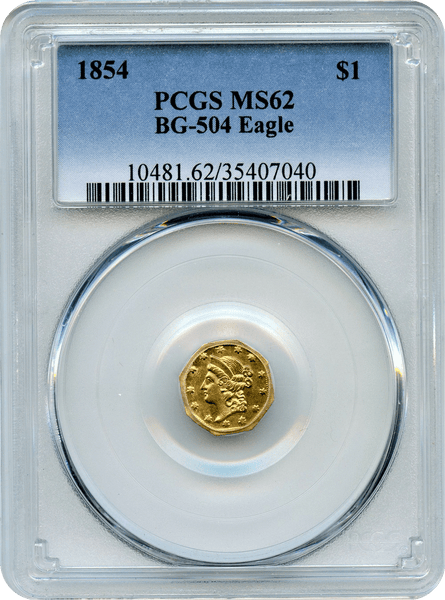 1854 California Gold $1 BG-504 Octagonal Large Head Humbert Eagle PCGS MS62