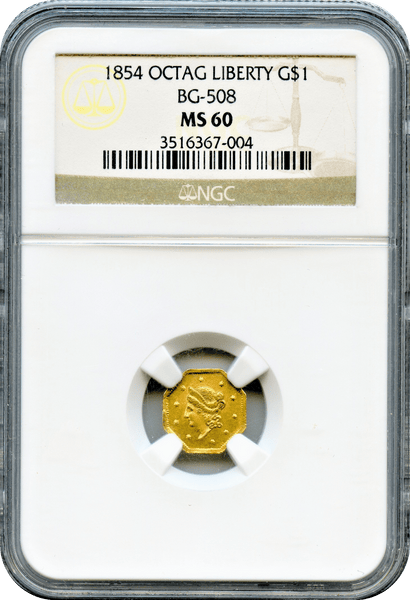 1854 California Fractional $1 BG-508 NGC MS60 Octagonal Large Head Liberty