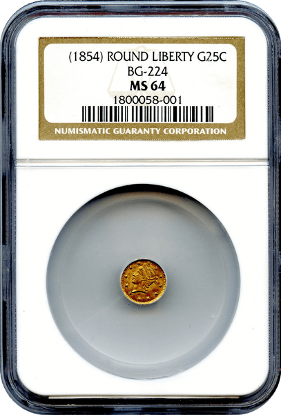 1854 California Fractional 25c BG-224 Round Liberty NGC MS64