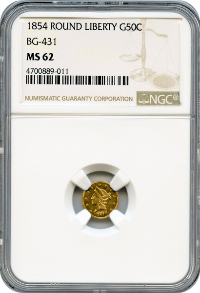 1854 California Gold50c BG-431 Round Small Head Liberty. Empty Wreath NGC MS62