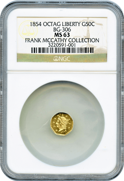 1854 California Fractional 50c BG-306 Octagonal Broad Head Liberty "Frank Mccathy Collection" "Brilliant"