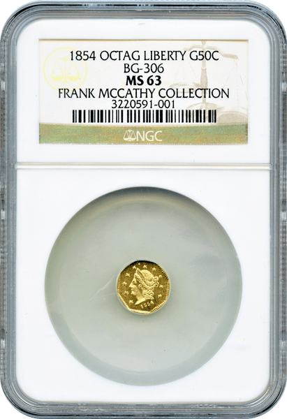 1854 California Fractional 50c BG-306 Octagonal Broad Head Liberty "Frank Mccathy Collection" "Brilliant"