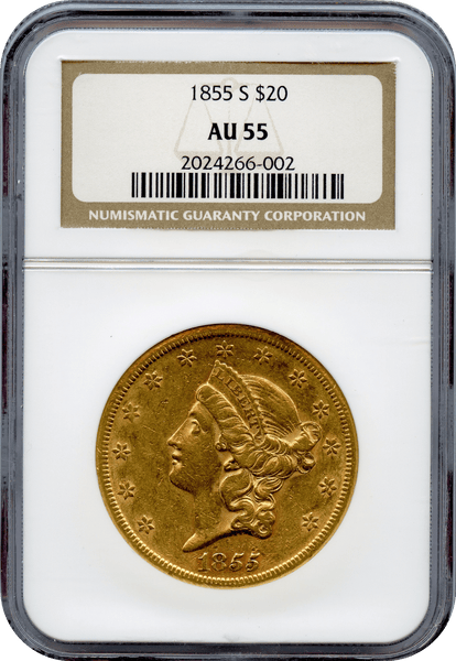 (72) 1855-S $20.00 Gold Liberty NGC AU55