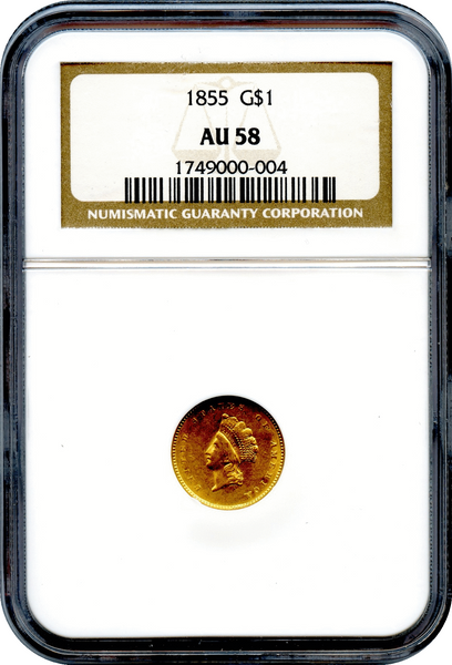 (79) 1855 $1.00 Gold Type 2 NGC AU58