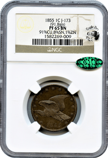 1855 Pattern 1C Flying Eagle Cent, Judd-173,Low R.7 NGC PR65BN. CAC &  Eagle Eye Sticker