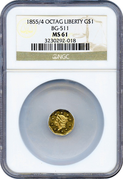 1855/4 California Gold $1 BG-511 Octagonal liberty NGC MS61