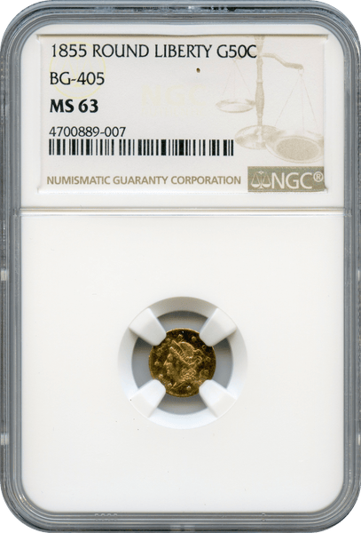 1855 California Fractional Round Liberty 50c BG-405 NGC MS63 Rarity 5