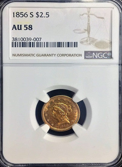 1856-S $2.50 Gold Liberty NO MOTTO NGC AU58