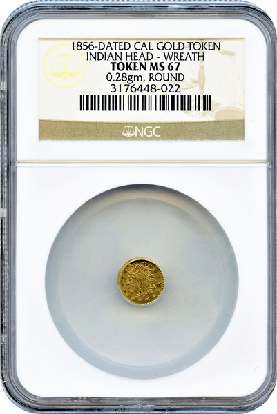 1856-Dated Cal Gold Token. Indian Head -Wreath 1/2 Size NGC MS67