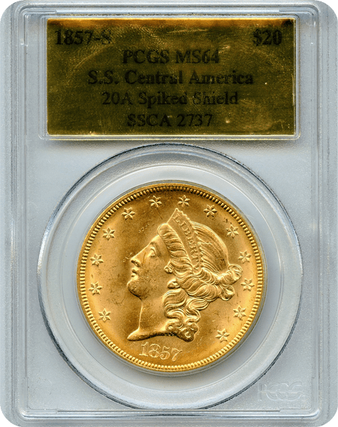 1857-S $20 Gold Liberty S.S. Central America  PCGS MS 64