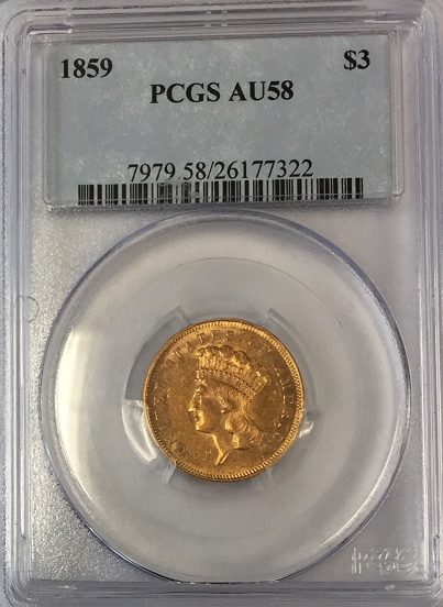 1859 $3.00 Gold Indian Princess PCGS AU58 Three Dollar