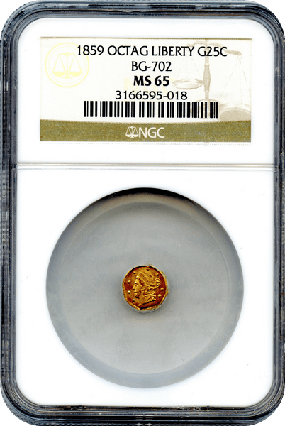 (87) 1859 California Fractional 25c BG-702 Octagonal Liberty NGC MS65