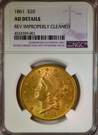 1861 $20 Gold Liberty NGC AU Details Double Eagle