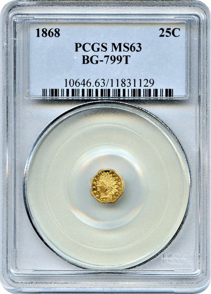 1868 Cal Gold 25c BG-799T Octagonal Large Head Indian PCGS MS63