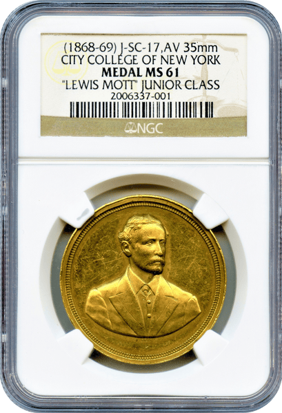 (1868-69) U.S. Mint Julian-SC-17, GOLD 35mm. City College of New York. NGC MS61