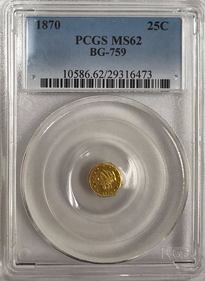 1870 Cal Gold 25c BG-759 Large Head Octagonal Liberty Single Bun PCGS MS63