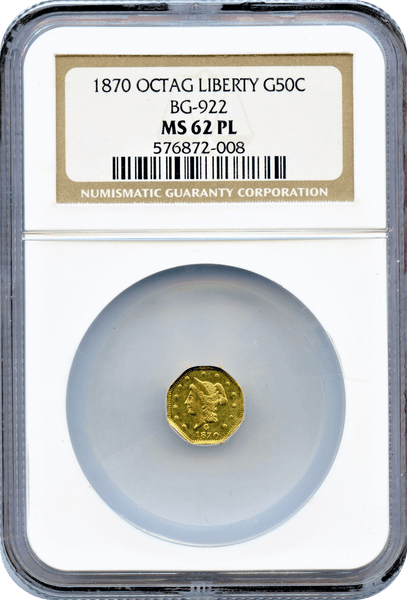 1870 California Fractional 50c BG-922 NGC MS62PL Octagonal Liberty