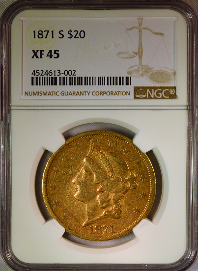 1871-S $20 Gold Liberty NGC XF45 Double Eagle