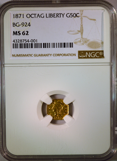 1871 California Fractional 50c BG-924 NGC MS62