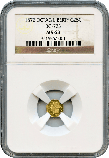 1872 Cal. Gold 25c bg-725 Oct. Lg. Hd. Lib. Frontier S.F. NGC MS63