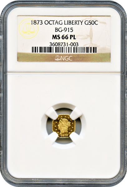 1873 Cal Fractional 50c Octagonal Liberty. Frontier S.F. NGC MS66PL.  Tied For Finest Known in PL. Pop Only 5 in PL, Only 2 in 66PL.